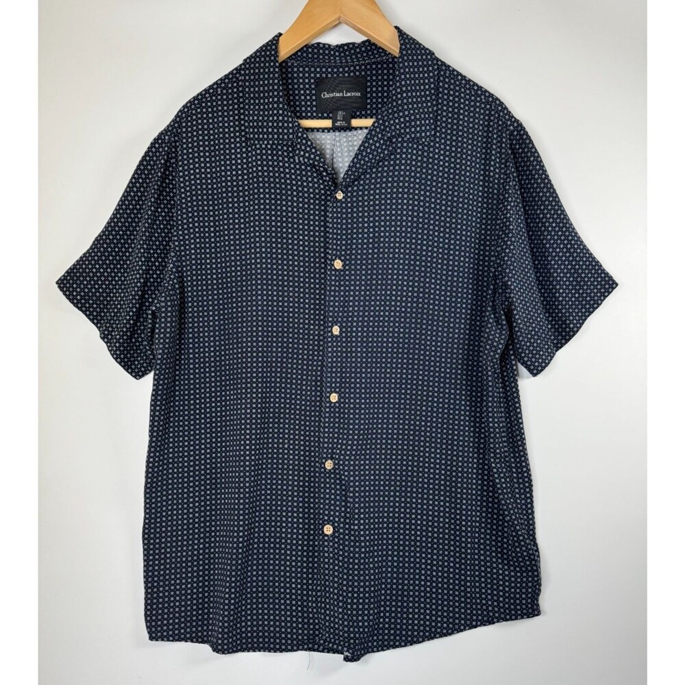 Christian Lacroix Button Up Shirt Mens‎ Large Navy Blue Geometric Print Rayon